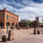 Flagstaff main square with pueblo house in Arizona